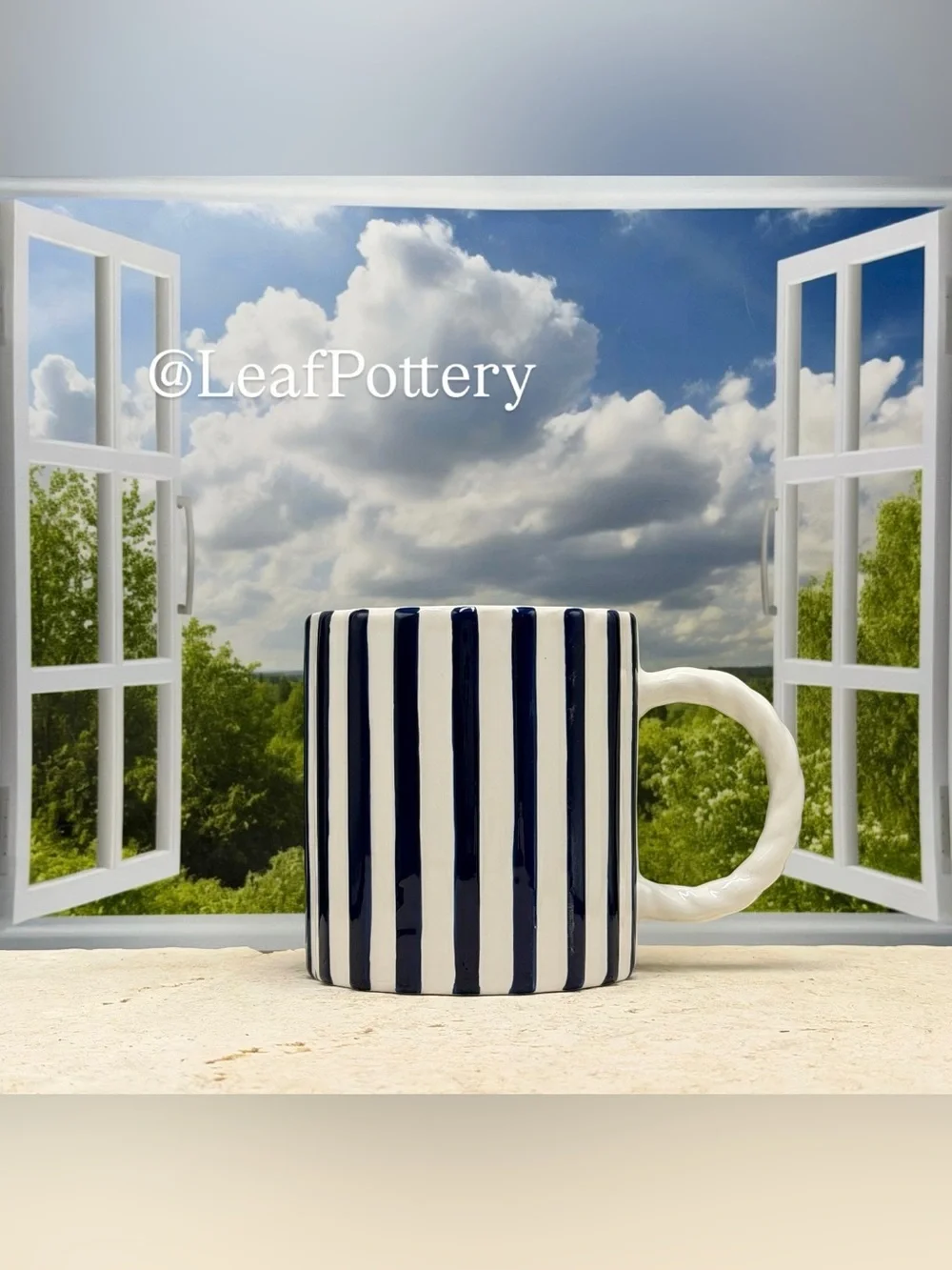 Sunday Morning Ceramics Striped Ceramic Mug | Large 20 oz Navy Blue & White